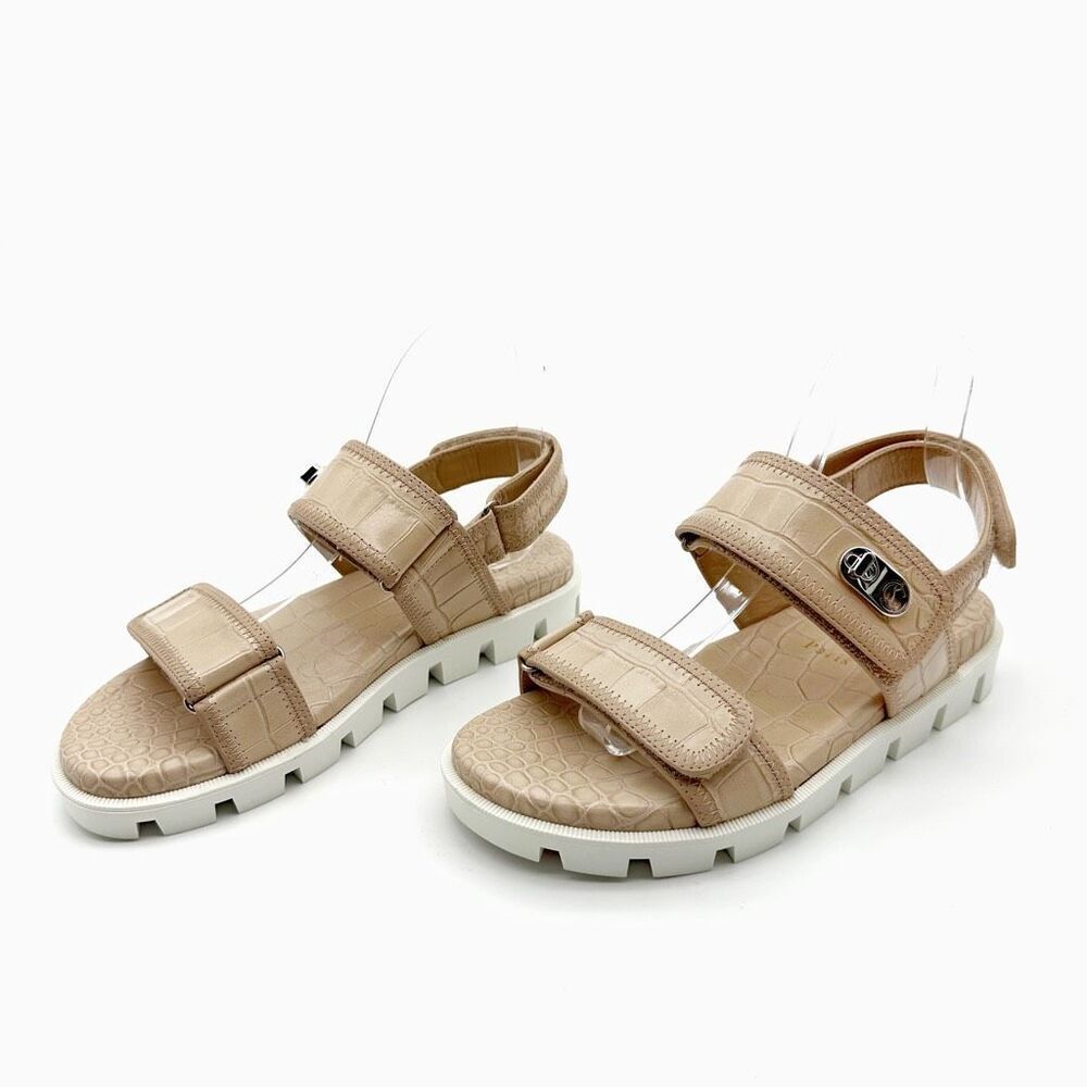 CHRISTIAN LOUBOUTIN Lock Cool Beige Dad Sandal Size 37.5 US 7 Chunky Croc Emboss